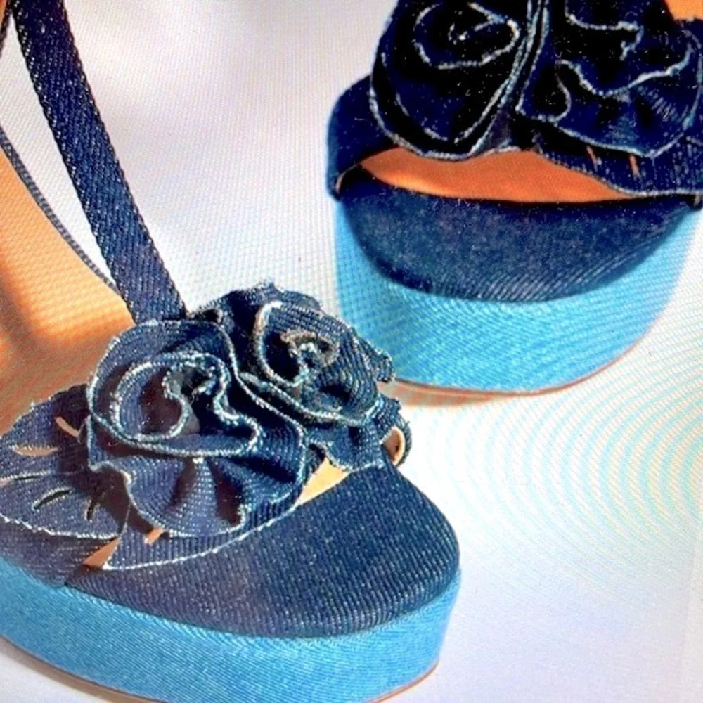 Maeve Two-Tone Denim Platform Sandals with Rosette